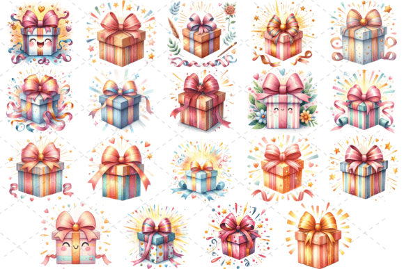 19 Gift Box Watercolor Clipart Bundle