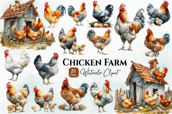 Chicken Farm Watercolor Clipart: Rustic Charm for Design
