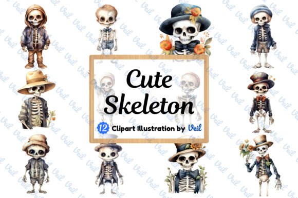 Cute Skeleton Clipart Watercolor Bundle