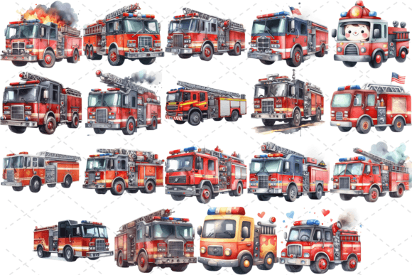 Fire Truck Watercolor Clipart PNG Bundle
