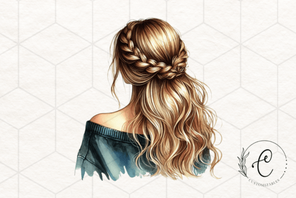 Girl Backview Braid Watercolor Graphic for Design