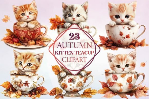 Watercolor Autumn Kitten Teacup Clipart for Cozy Branding
