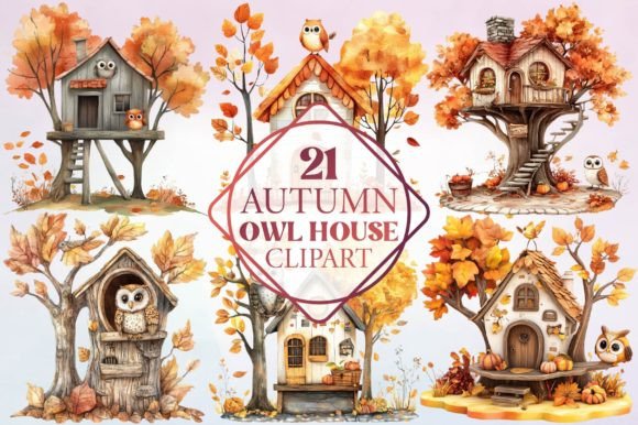 Watercolor Autumn Owl House Clipart for Cozy Branding