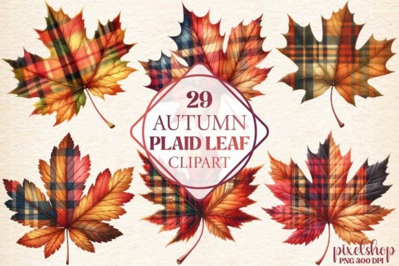 Watercolor Autumn Plaid Leaf Clipart for Designers