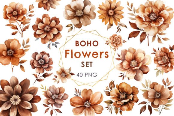 Watercolor Boho Flowers Set PNG Clipart
