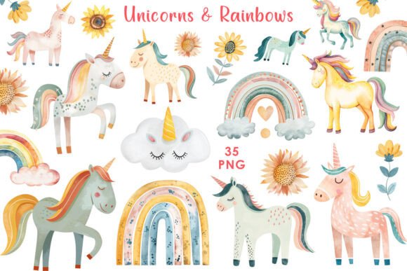 Watercolor Boho Unicorn Rainbow Clipart