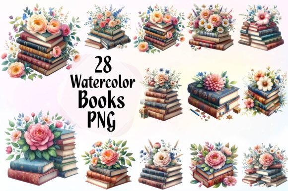 Watercolor Books and Flower Clipart