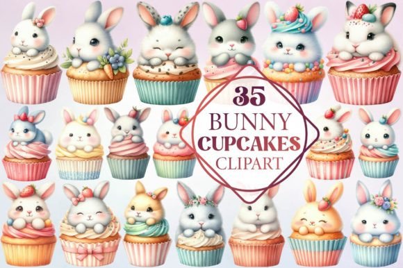 Watercolor Bunny Cupcakes Clipart for Creatives