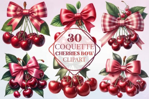 Watercolor Coquette Cherries Bow Clipart for Charming Design