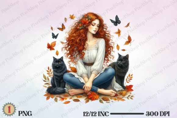 Watercolor Cute Girl with Fall Leaves