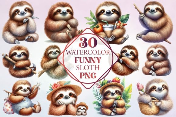 Watercolor Funny Sloth Clipart for Designers and Creators