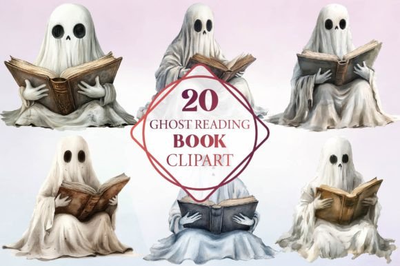 Watercolor Ghost Reading Book Clipart for Design Projects