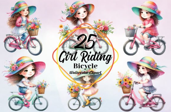 Watercolor Girl Riding Bicycle Clipart