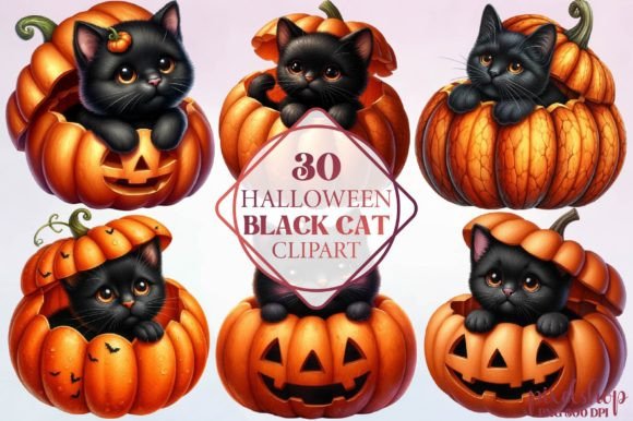 Watercolor Halloween Black Cat Clipart for Design Projects