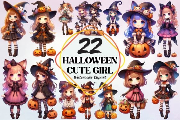 Watercolor Halloween Cute Girls Clipart for Designer Projects