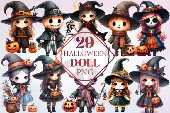 Watercolor Halloween Doll Clipart for Designers