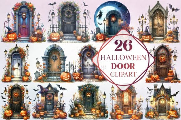 Watercolor Halloween Door Clipart for Seasonal Design Projects