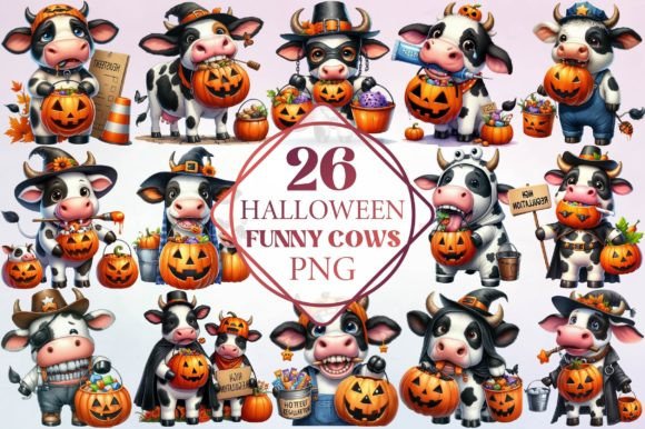 Watercolor Halloween Funny Cows Clipart for Playful Branding and Design Projects