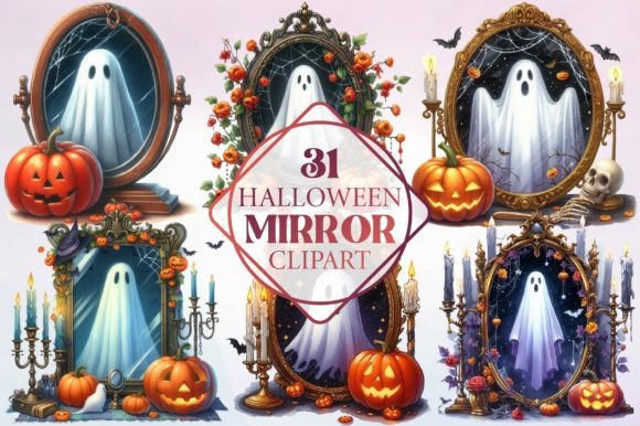 Watercolor Halloween Mirror Clipart: A Fresh Take on Spooky Design