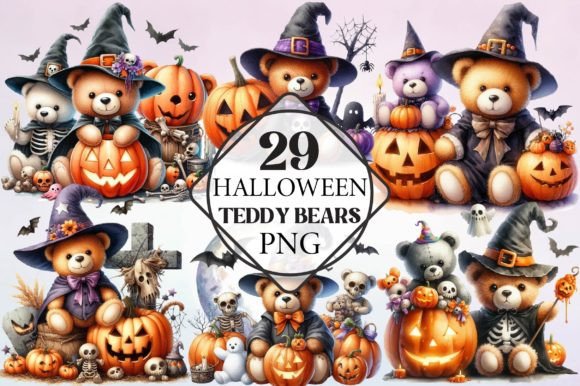 Watercolor Halloween Teddy Bears Clipart