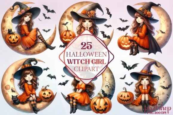 Watercolor Halloween Witch Girl Clipart