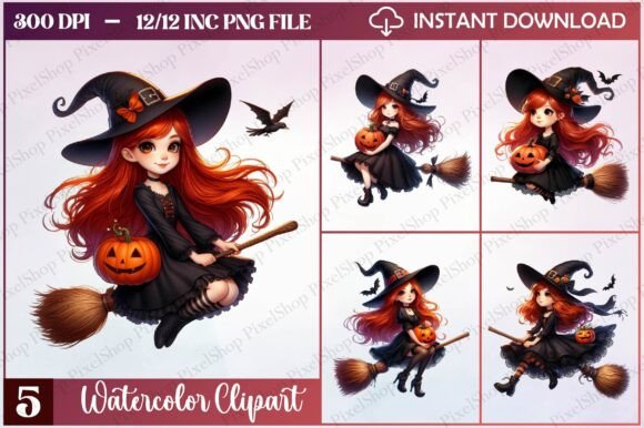 Watercolor Halloween Young Witch Clipart for Projects