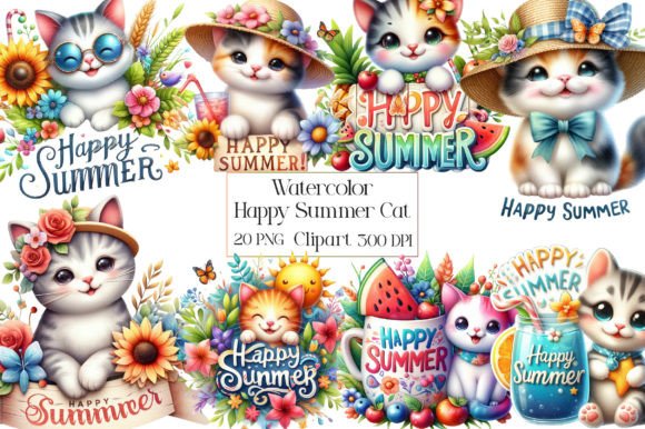 Watercolor Happy Summer Cat Clipart: A Playful Design Asset