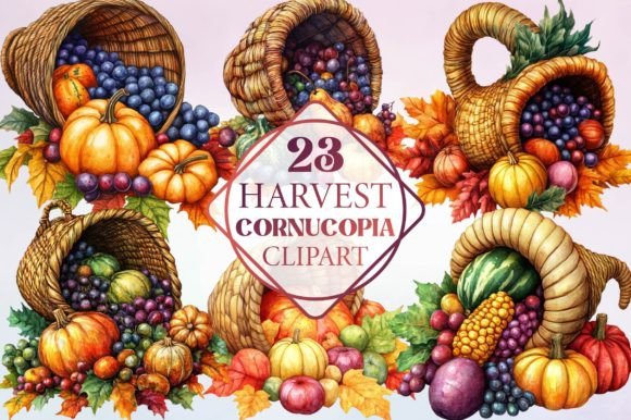 Watercolor Harvest Cornucopia Clipart