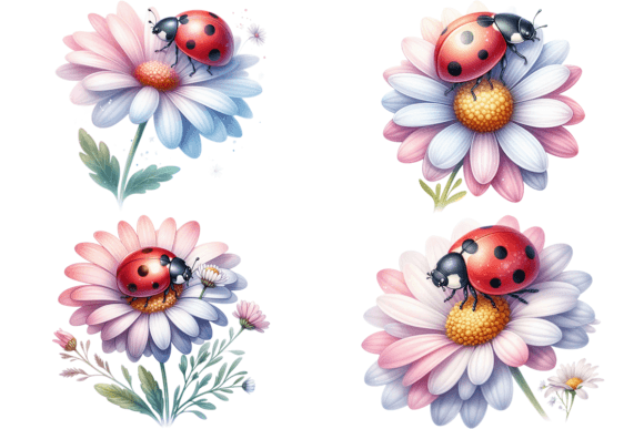 Watercolor Ladybug and Flowers Bundle