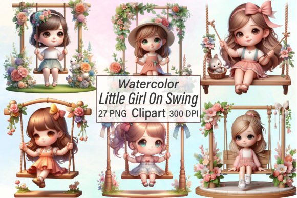 Watercolor Little Girl on Swing Clipart