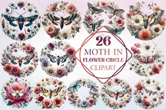 Watercolor Moth in Flower Circle Clipart