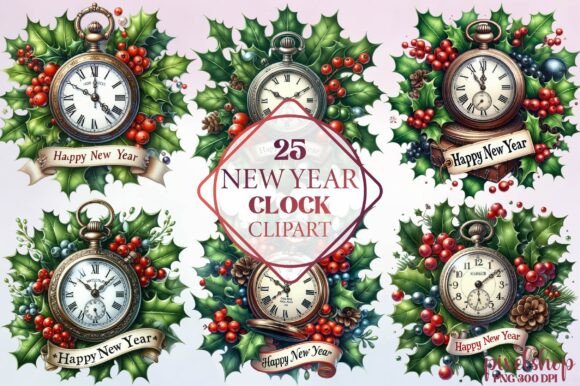 Watercolor New Year Clock Clipart
