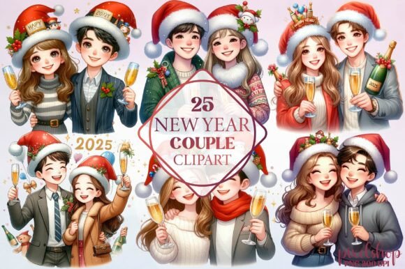 Watercolor New Year Couple Clipart