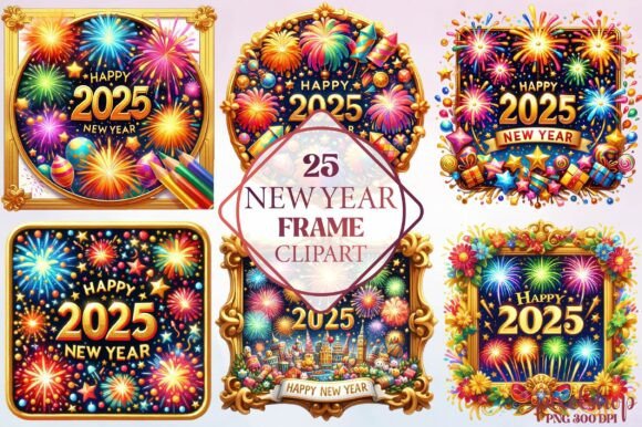 Watercolor New Year Frame Clipart for Creative Projects