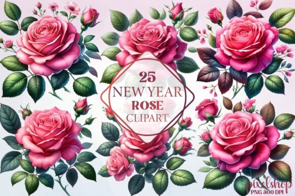 Watercolor New Year Rose Clipart for Elegant Designs