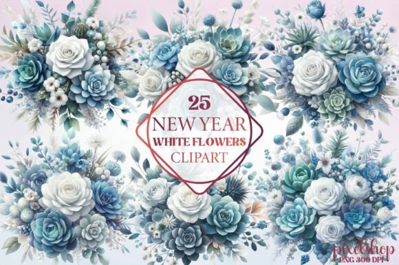 Watercolor New Year White Flowers Clipart for Elegant Seasonal Design
