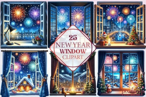 Watercolor New Year Window Clipart