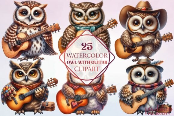 Watercolor Owl with Guitar Clipart: A Playful Asset for Modern Design