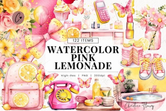 Watercolor Pink Lemonade Clipart Bundle