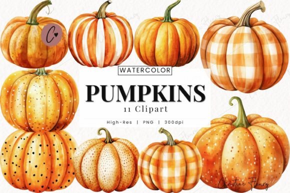 Watercolor Pumpkins Clipart, Fall PNG