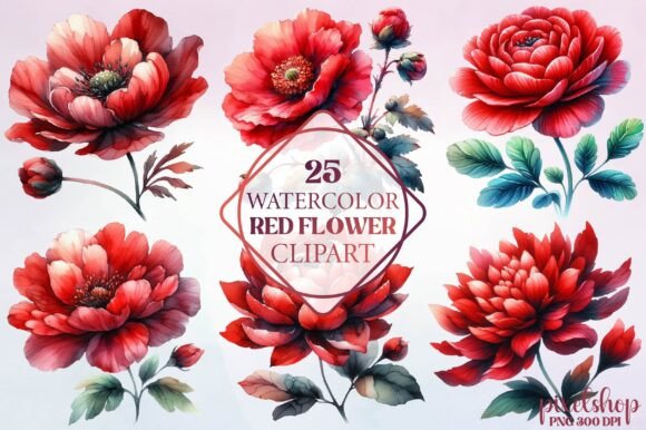 Watercolor Red Flower Clipart in Modern Design
