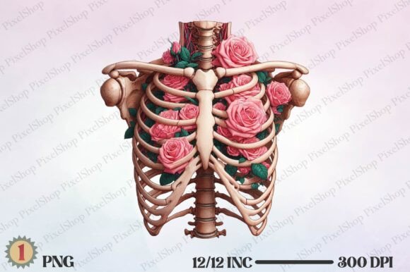 Watercolor Roses Flower Inside Skeleton