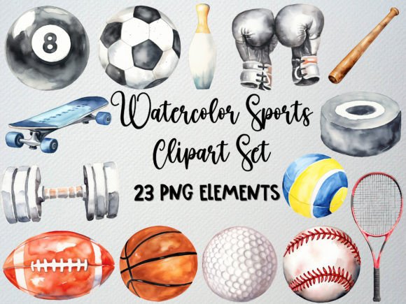 Watercolor Sports Clipart Set: 23 PNG Assets for Authentic Design