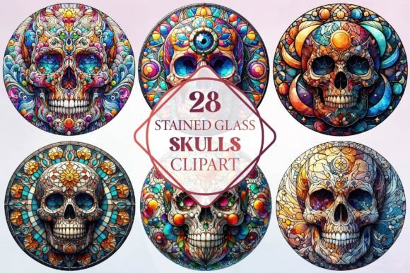 Watercolor Stained Glass Skulls Clipart
