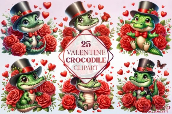 Watercolor Valentine Crocodile Clipart