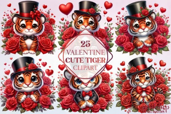 Watercolor Valentine Cute Tiger Clipart for Creative Projects