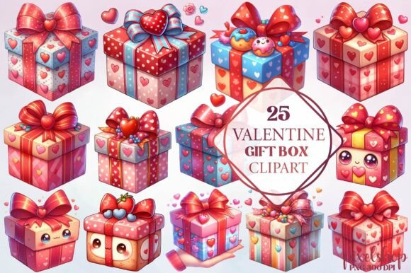 Watercolor Valentine Gift Box Clipart
