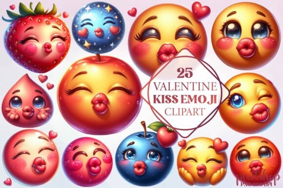 Watercolor Valentine Kiss Emoji Clipart