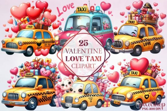 Watercolor Valentine Love Taxi Clipart