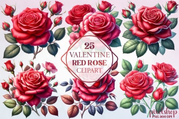 Watercolor Valentine Red Rose Clipart